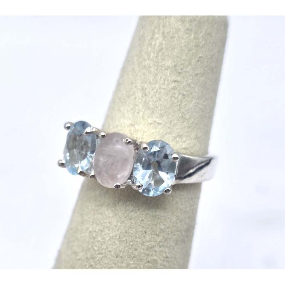 Aquamarine Pink Quartz Cluster Ring Size 5 Sterling Silver 925 Handmade NWOT‎